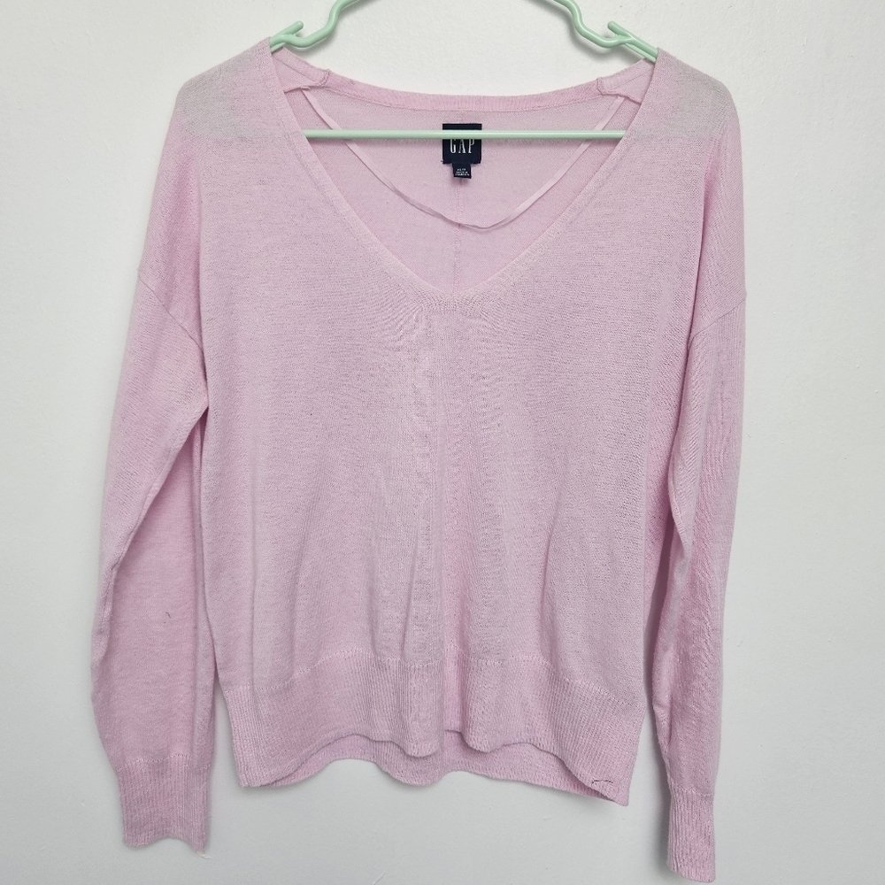 Gap Sz XS Cotton & Lenin Blend Women's Pink V-Neck Sweater - Picture 2 of 7
